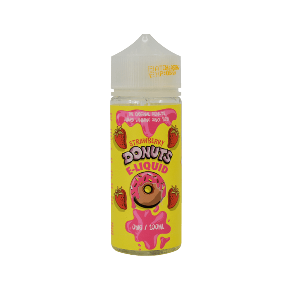 Strawberry Donuts e-liquid bottle, 100ml, bright yellow and pink label with strawberries.