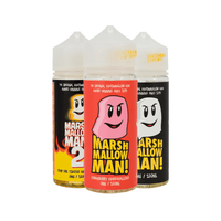 Three bottles of Marshmallow Man e-liquid in colourful packaging.