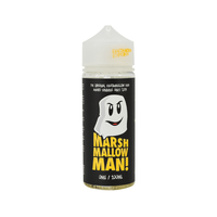 Bottle of Marshmallow Man e-liquid, 100ml, featuring a cartoon marshmallow character.