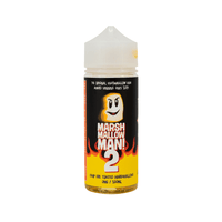 Marshmallow Man 2 vape juice bottle, 100ml, with fiery design and smiling marshmallow.