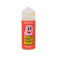 Marshmallow Man vape juice bottle with pink marshmallow cartoon on red label.