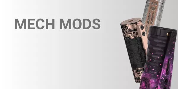 High-end mechanical vape mods featuring a skull-etched brass design, a stainless steel cross-hatched tube, and a purple galaxy-themed mod.