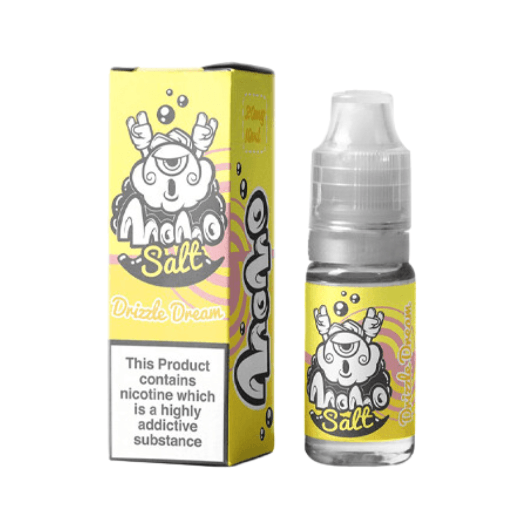 Momo Salt Drizzle Dream e-liquid 10ml bottle and box with cartoon design, yellow packaging.