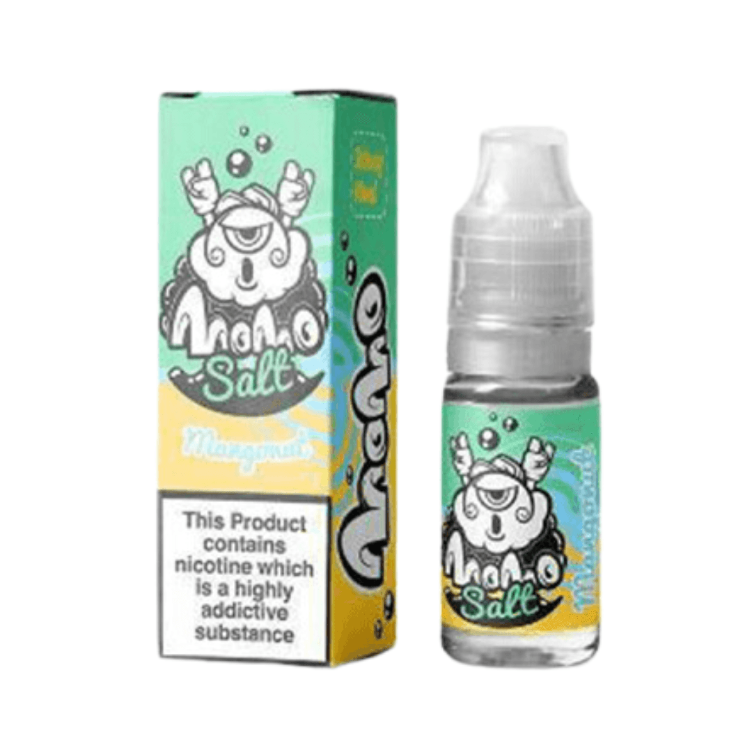 MoMo Salt Mangonut 10ml e-liquid bottle and box, featuring vibrant green and yellow design.