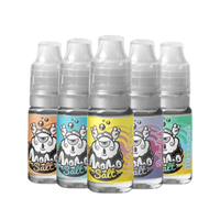 Five bottles of MoMo Salt e-liquid in assorted flavours with colourful labels.