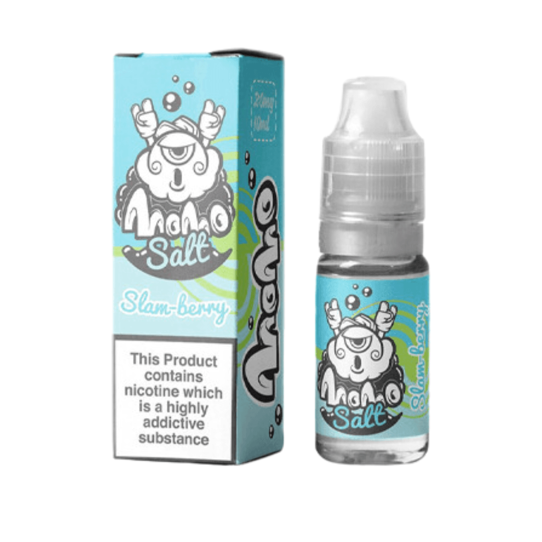 Momo Salt Slam Berry 10ml e-liquid bottle and box with playful design on a white background.