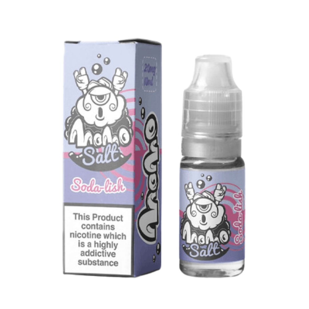 Momo Salt Soda-lish e-liquid bottle and box, featuring cartoon design and nicotine warning.