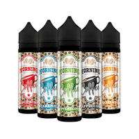 Five Morning Coffee vape juice bottles in various flavours.