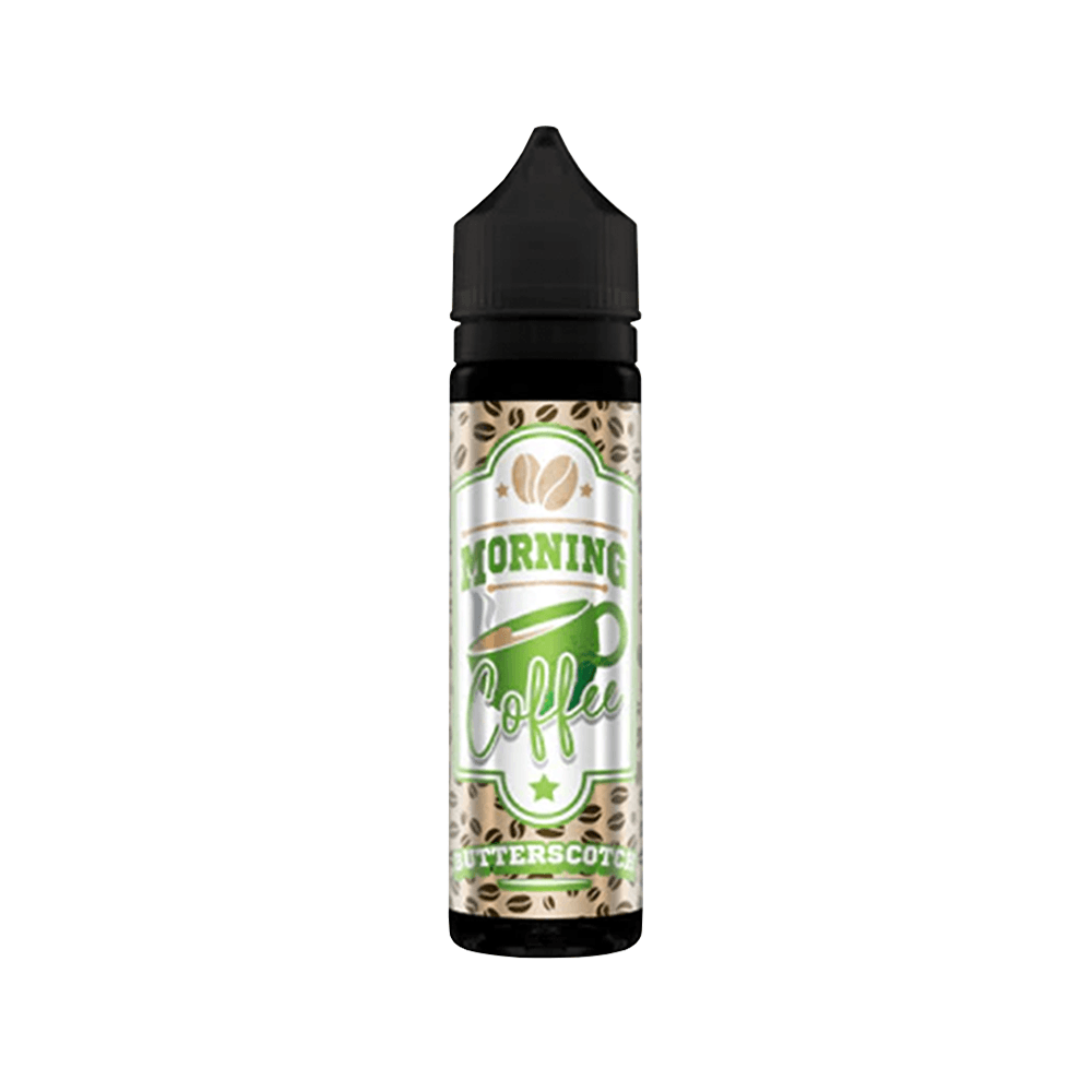 A 50ml bottle of Morning Coffee Butterscotch vape juice with coffee bean design.