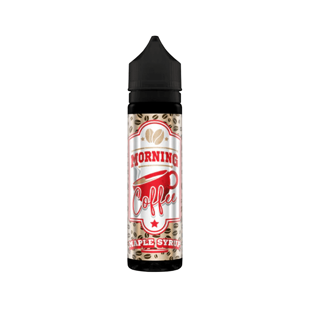 Vape juice bottle labelled "Morning Coffee" with a maple syrup flavour design.