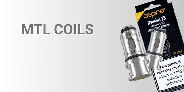 Aspire Nautilus 2S mesh coils and Lost Vape UB Lite L1 replacement coils for MTL vaping, displayed with retail packaging.