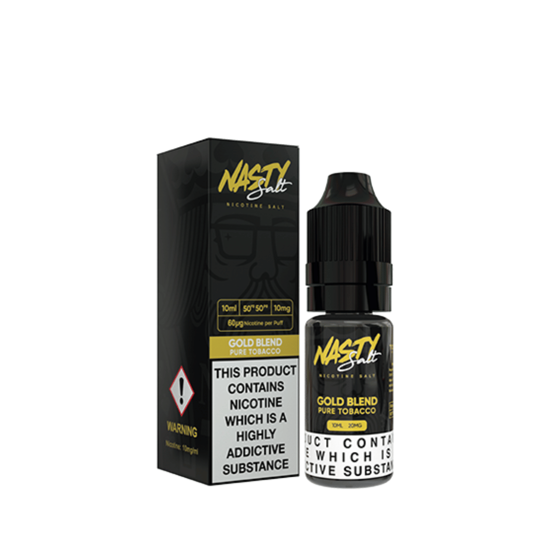 Nasty Juice Gold Blend nic salt 10ml bottle with packaging, featuring tobacco flavour.