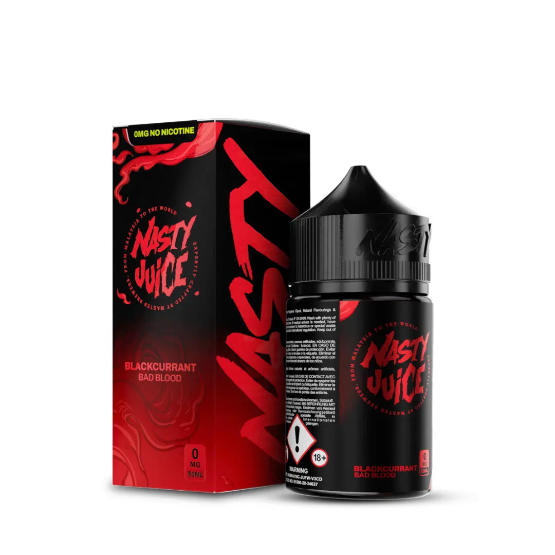 Nasty Juice Bad Blood 50ml shortfill bottle and box, featuring bold red and black design.