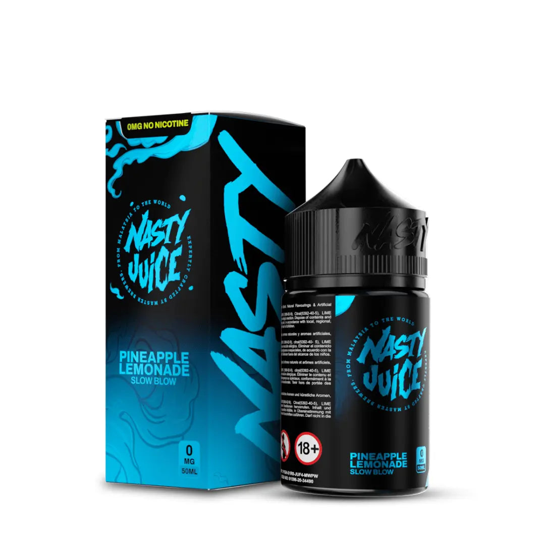 Nasty Juice Slow Blow Pineapple Lemonade 50ml shortfill bottle and box, no nicotine.