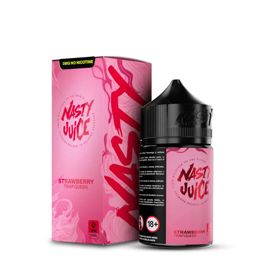 Nasty Juice Trap Queen 50ml shortfill bottle and box, strawberry flavour, pink and black packaging.