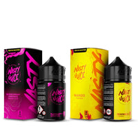 Nasty Juice bottles: Blackcurrant Lemonade and Mango Cushman e-liquids with vibrant packaging.