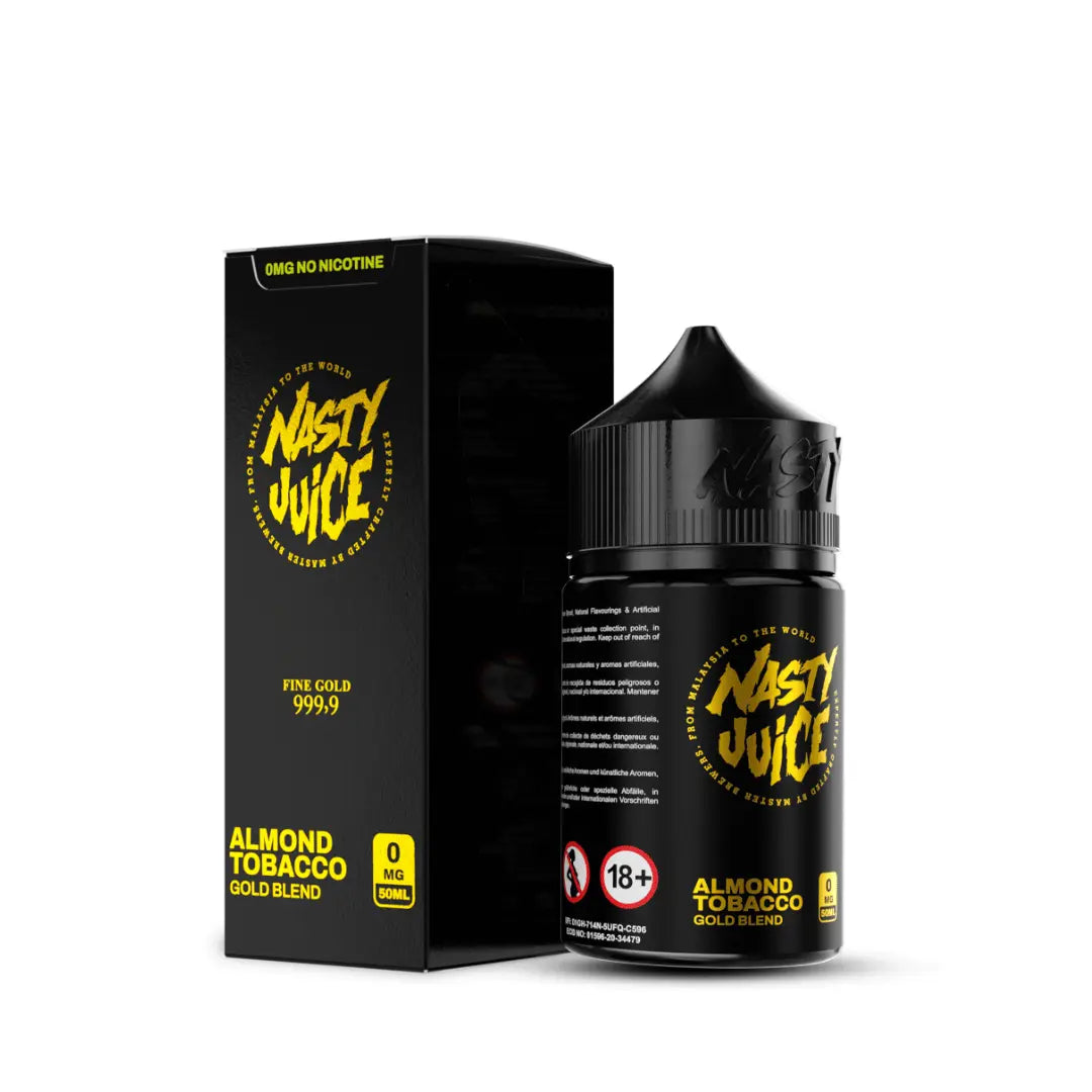 Nasty Juice Tobacco Gold Blend 50ml bottle and box, featuring almond and tobacco flavours.