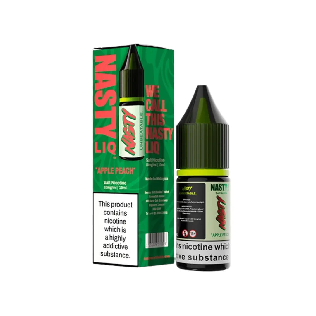 Nasty Juice 10ml Salt Nicotine, Apple Peach flavour, with packaging.