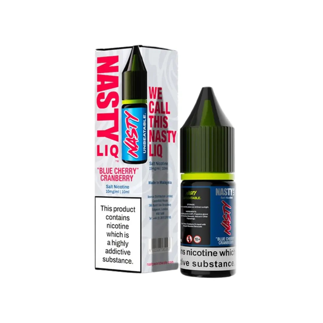 Nasty Juice 10ml Salt Nicotine, Blue Cherry Cranberry flavour, with packaging.