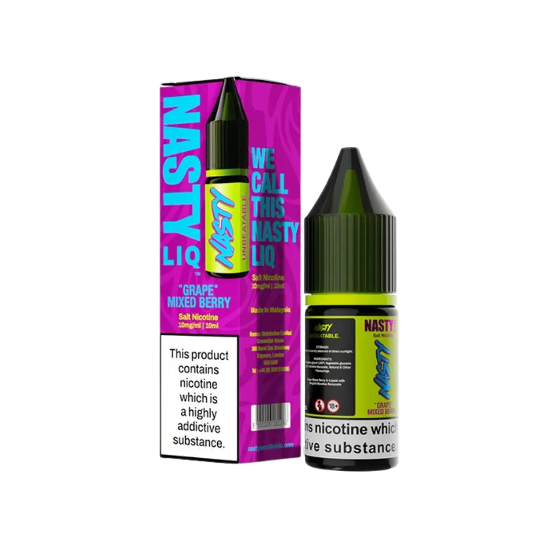 Nasty Juice 10ml Salt Nicotine, Grape Mixed berry flavour, with packaging.