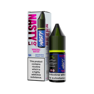 Nasty Juice Mineral Water 10ml salt nicotine bottle and packaging with warning label.