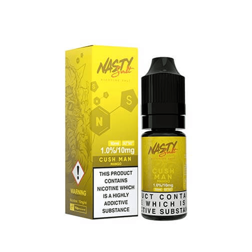 Nasty Salt Cush Man Mango 10ml bottle and box with yellow design and nicotine warning.