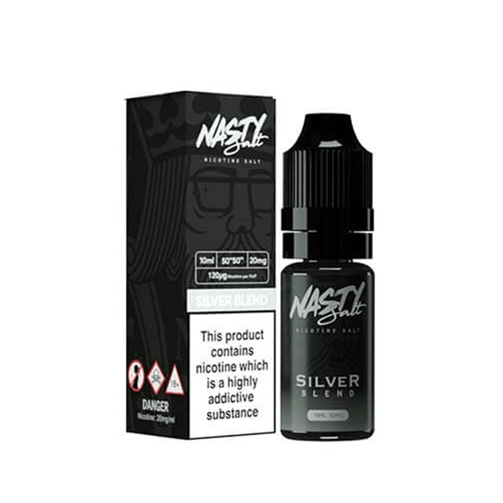 Nasty Salt Silver Blend e-liquid bottle and box, featuring bold branding and nicotine warning.