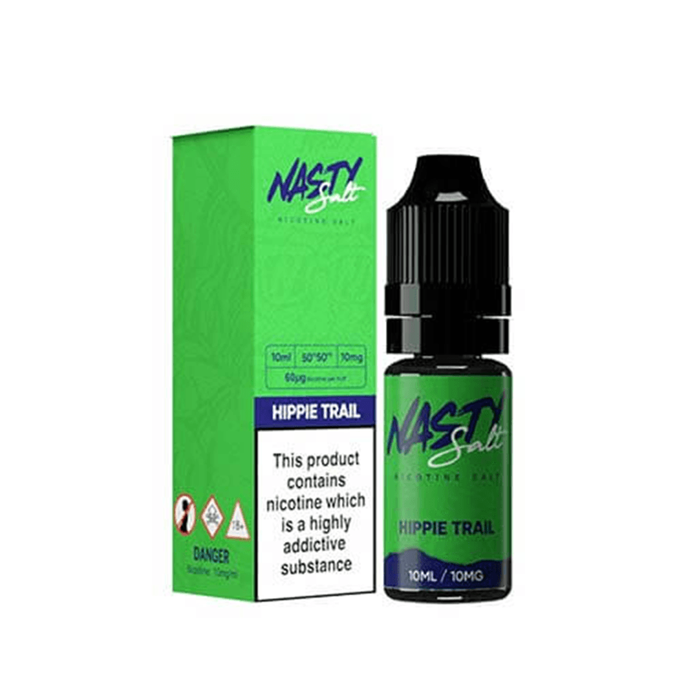 Nasty Salt Hippie Trail e-liquid bottle and box, featuring a green and black design.