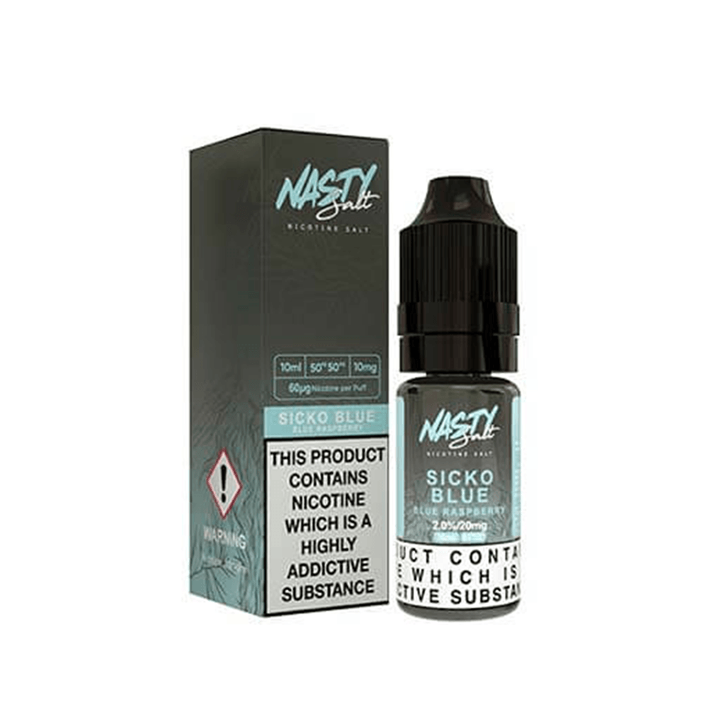 Nasty Salt Sicko Blue 10ml e-liquid bottle and box, featuring a nicotine warning label.