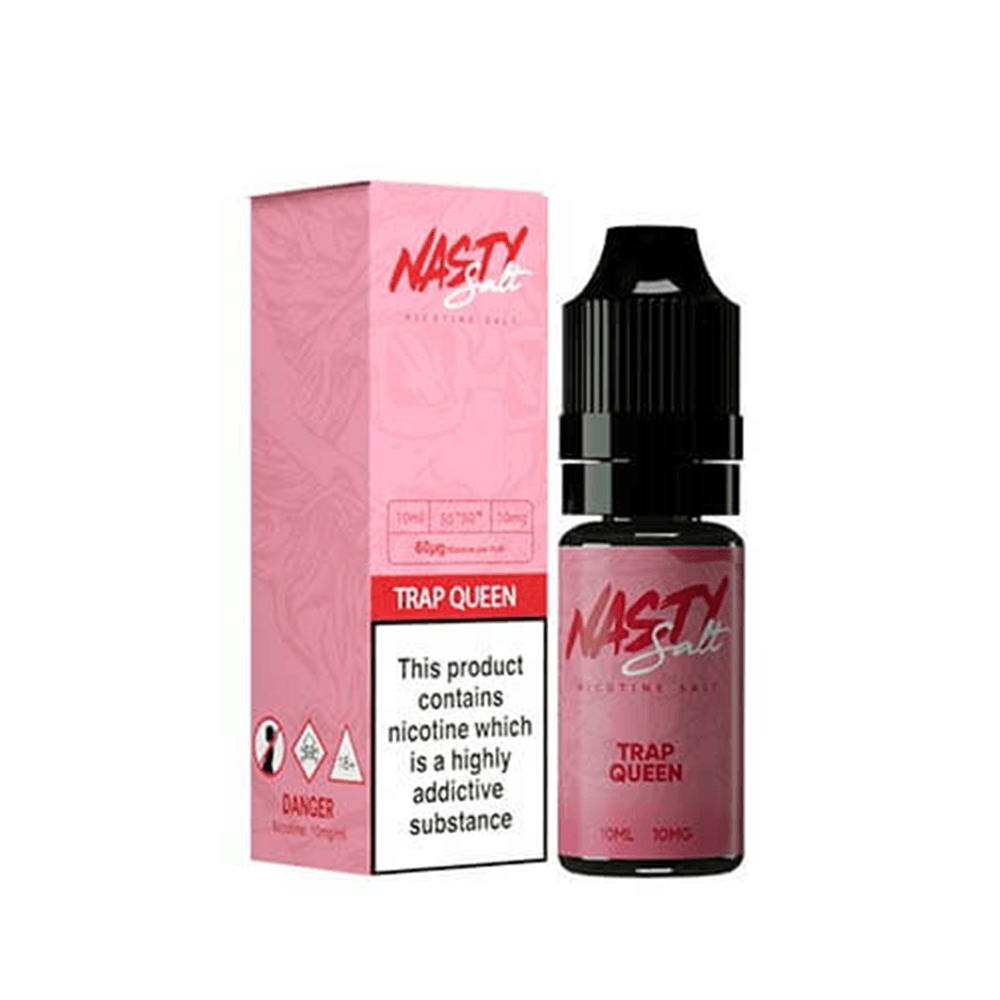 Nasty Salt Trap Queen 10ml e-liquid bottle and box, pink packaging, nicotine warning label.