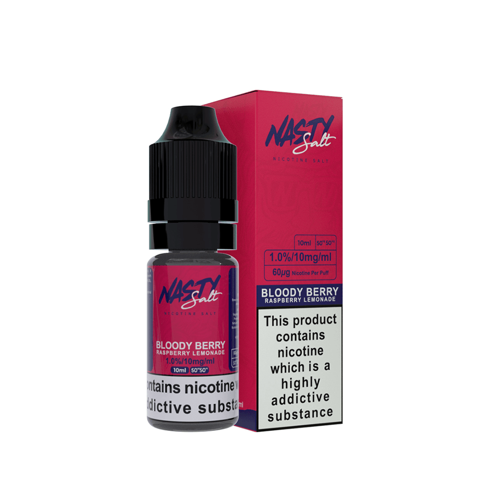 Nasty Salt Bloody Berry e-liquid bottle and box with nicotine warning label.