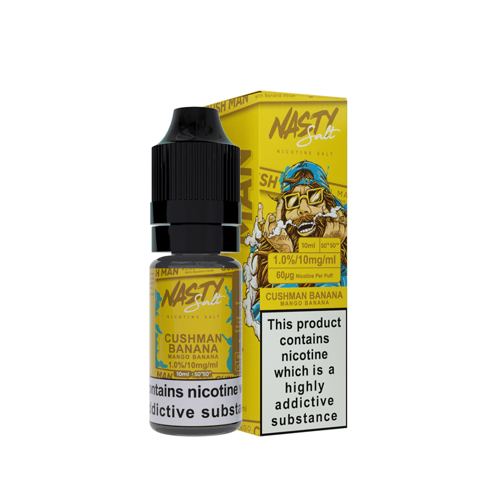 Nasty Salt Cushman Banana e-liquid bottle and box with yellow branding and nicotine warning.