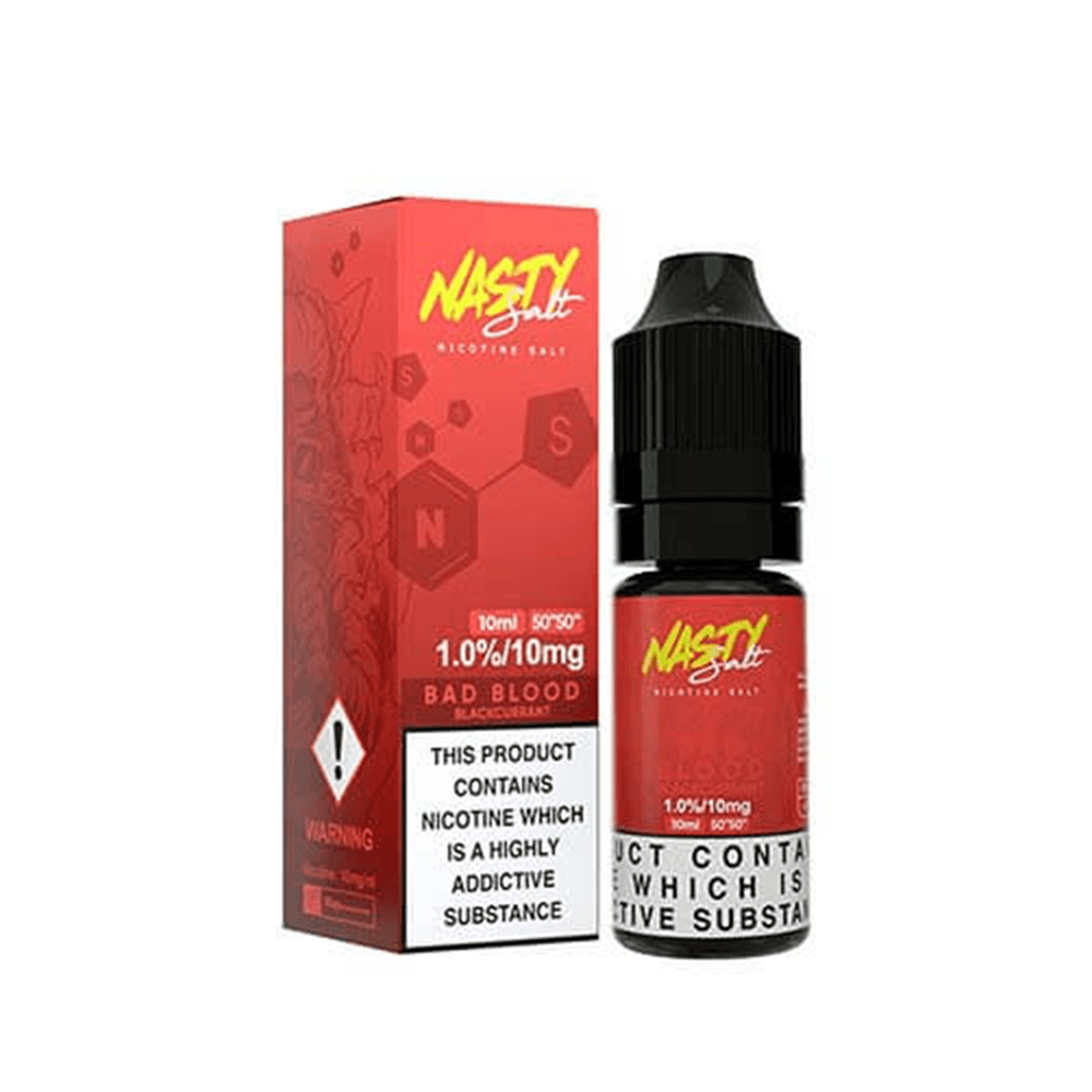 Nasty Salt Reborn e-liquid bottle and box in red, featuring "Bad Blood" flavour, 10ml size.