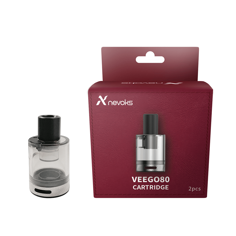 Nevoks Veego 80 cartridge with packaging, featuring a clear pod and black mouthpiece.