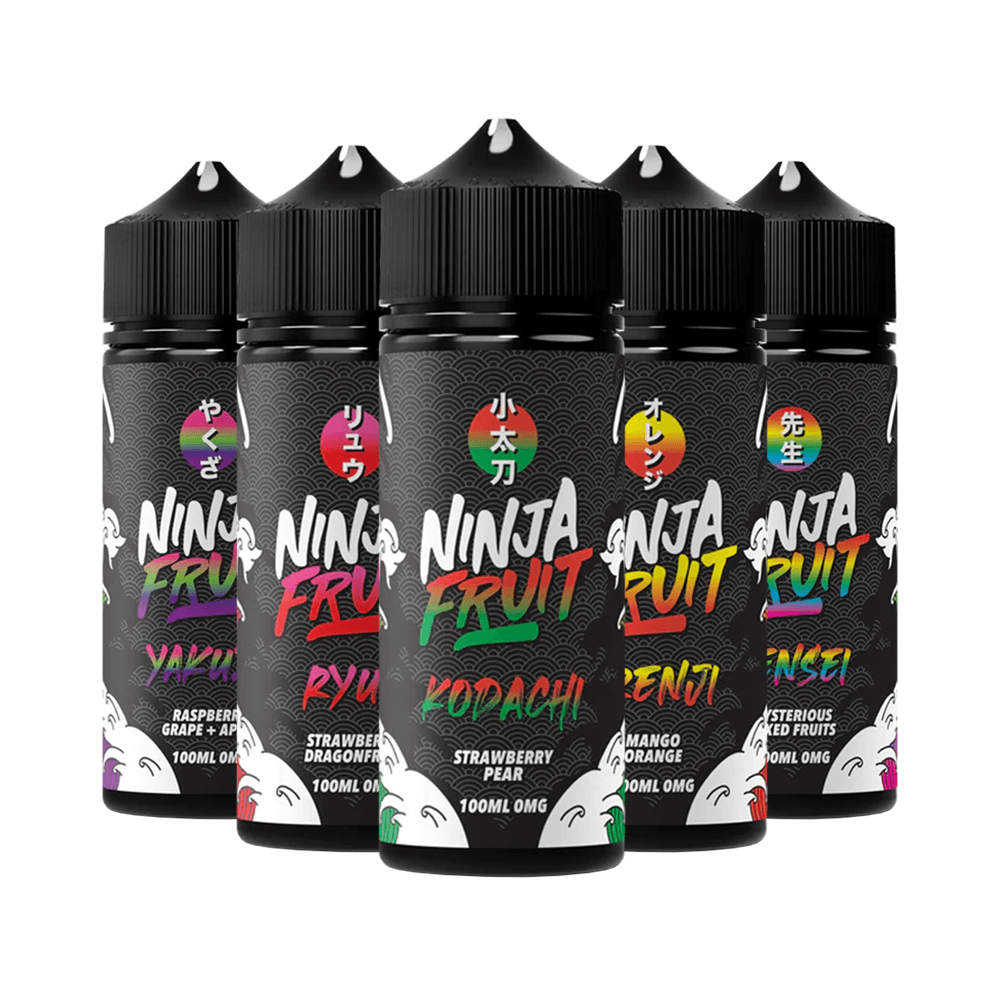 Five Ninja Fruit e-liquid bottles by Vape Distillery, featuring various fruit flavours.