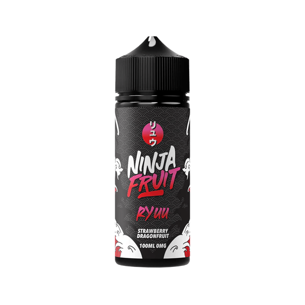 Bottle of Ninja Fruit Ryuu e-liquid, 100ml, featuring strawberry and dragonfruit flavour.