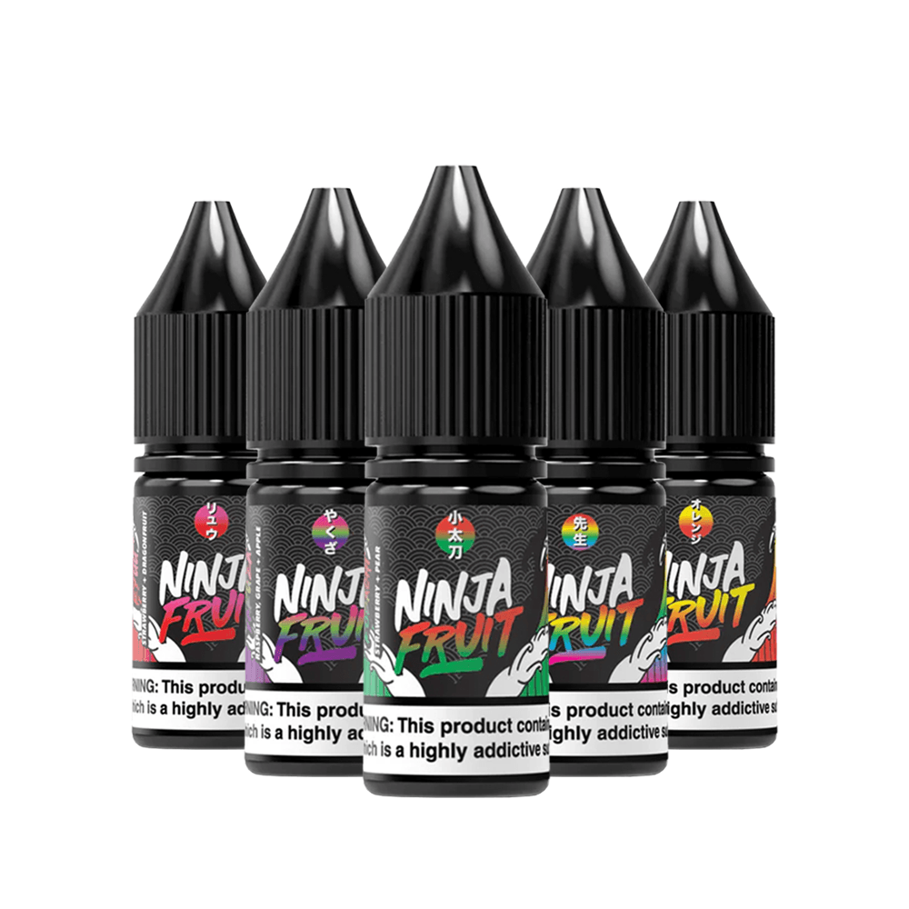 Five bottles of Ninja Fruit e-liquid with colourful labels.