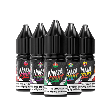 Five bottles of Ninja Fruit e-liquid with colourful labels.