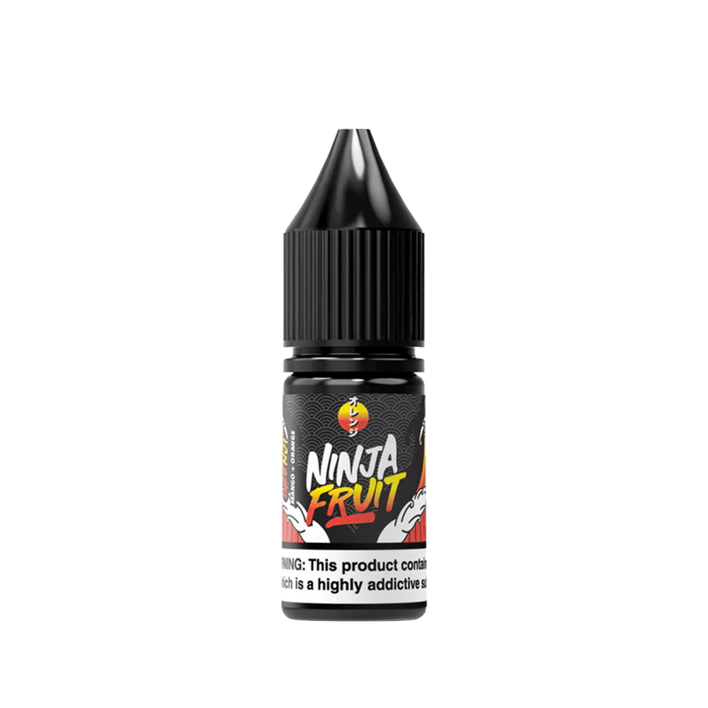 Ninja Fruit vape juice bottle, 10ml, black cap, colourful label design.