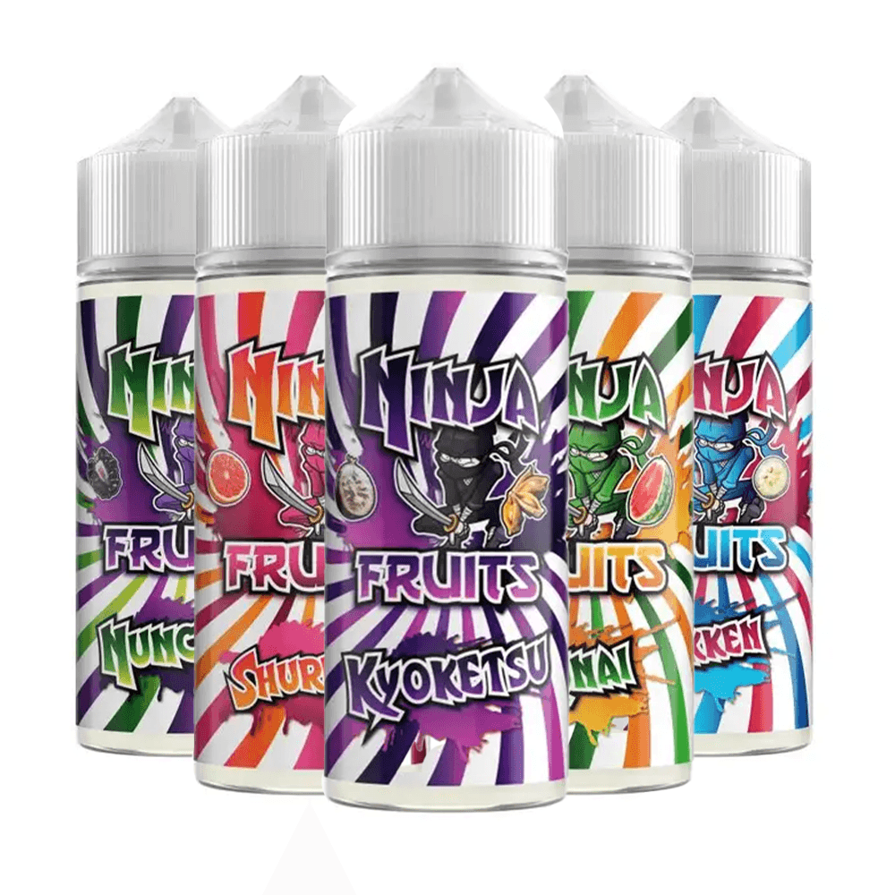 Ninja Fruits by DK 100ml vape juice in nunchuck, shuriken, kyoketsu, kunai, and tekken flavours.