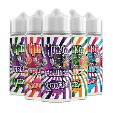 Five Ninja Fruits vape juice bottles with colourful labels: Shuriken, Kyoketsu, Kunai, and more.