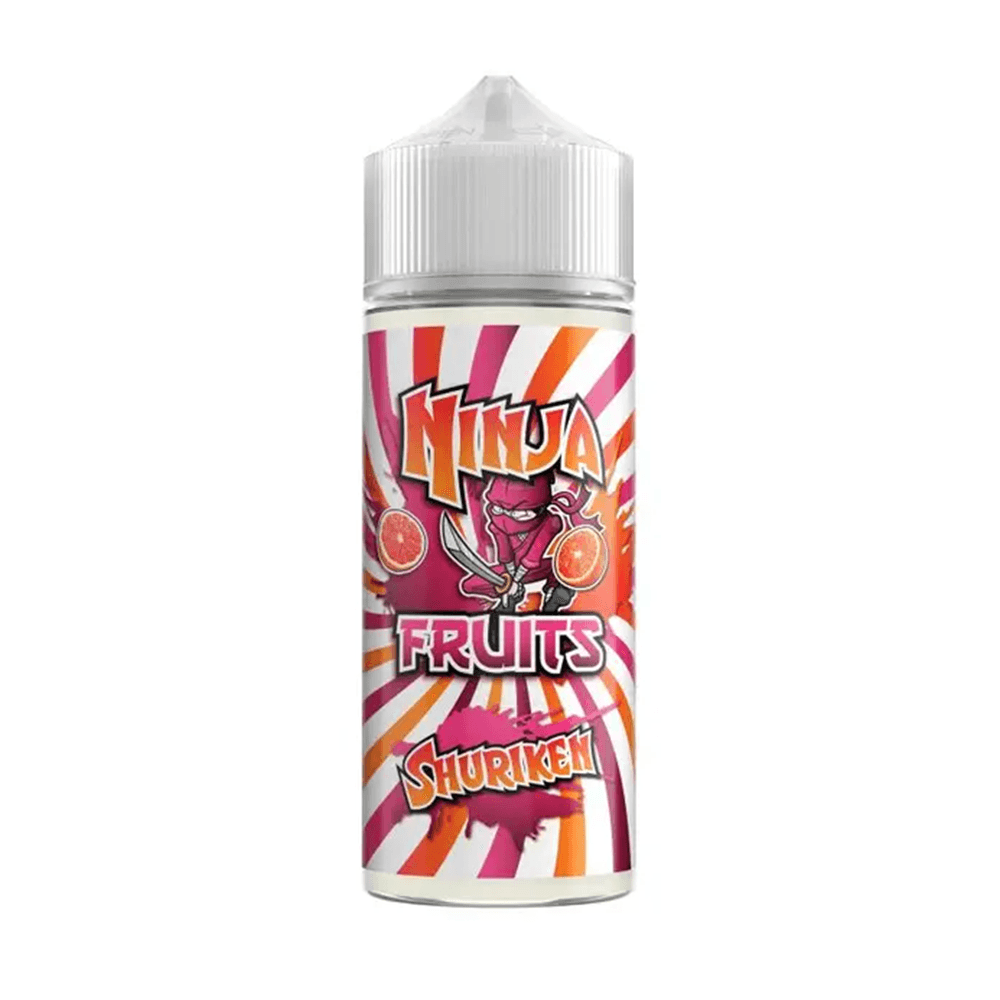 Ninja Fruits Shuriken 100ml shortfill e-liquid bottle with vibrant fruit graphics.