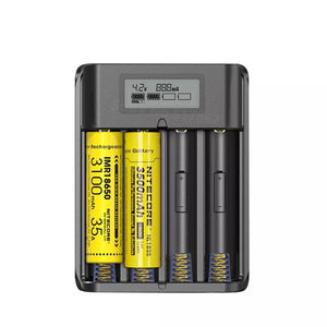 F4 Battery charger with Nitecore batteries on a white background