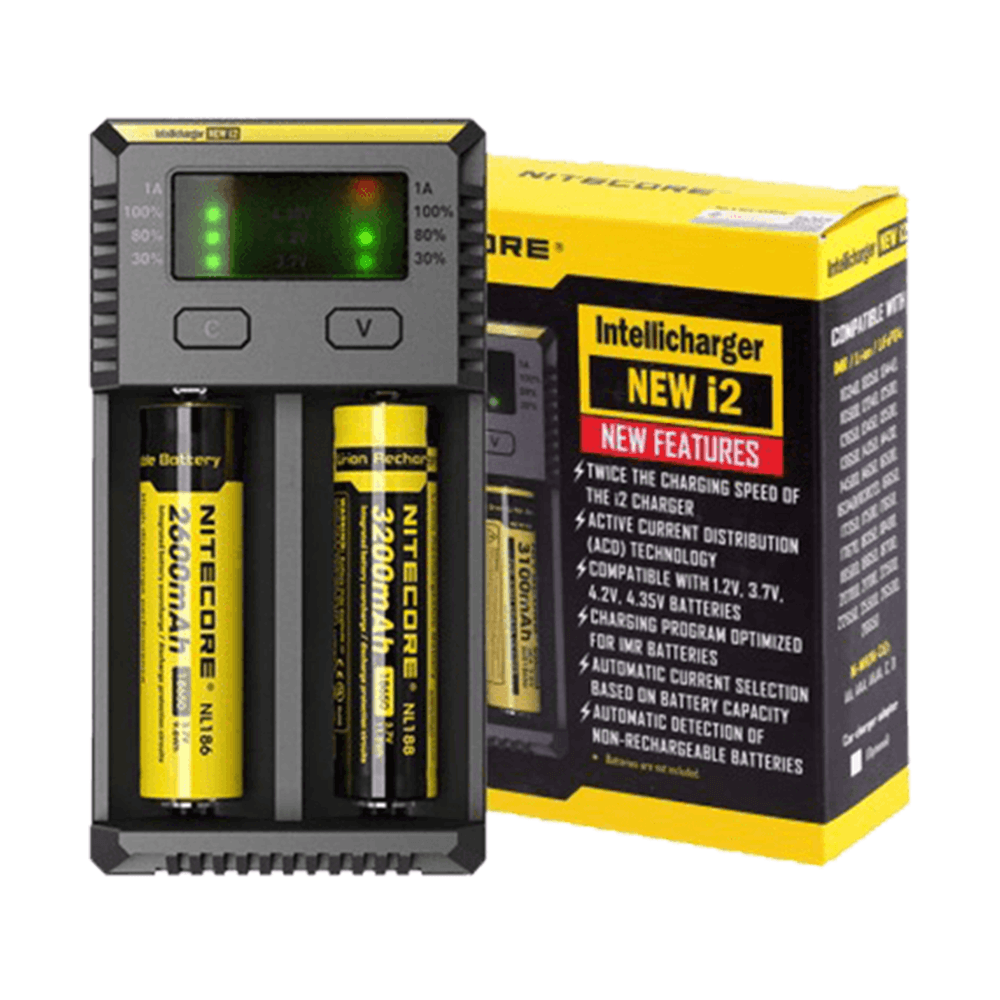 Nitecore i2 charger with two yellow batteries, packaging box on the right.