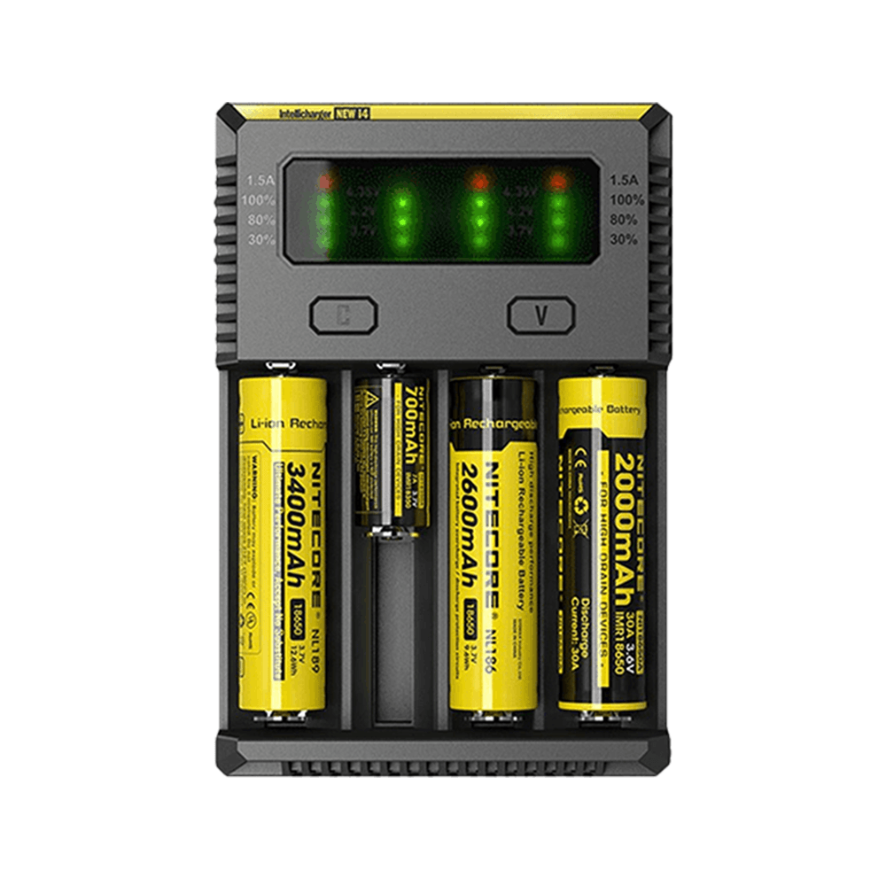 Nitecore i4 battery charger with four yellow batteries on display, showing charge levels.