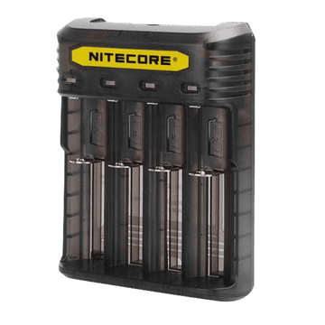 Nitecore Q4 charger with four battery slots and a transparent black casing.