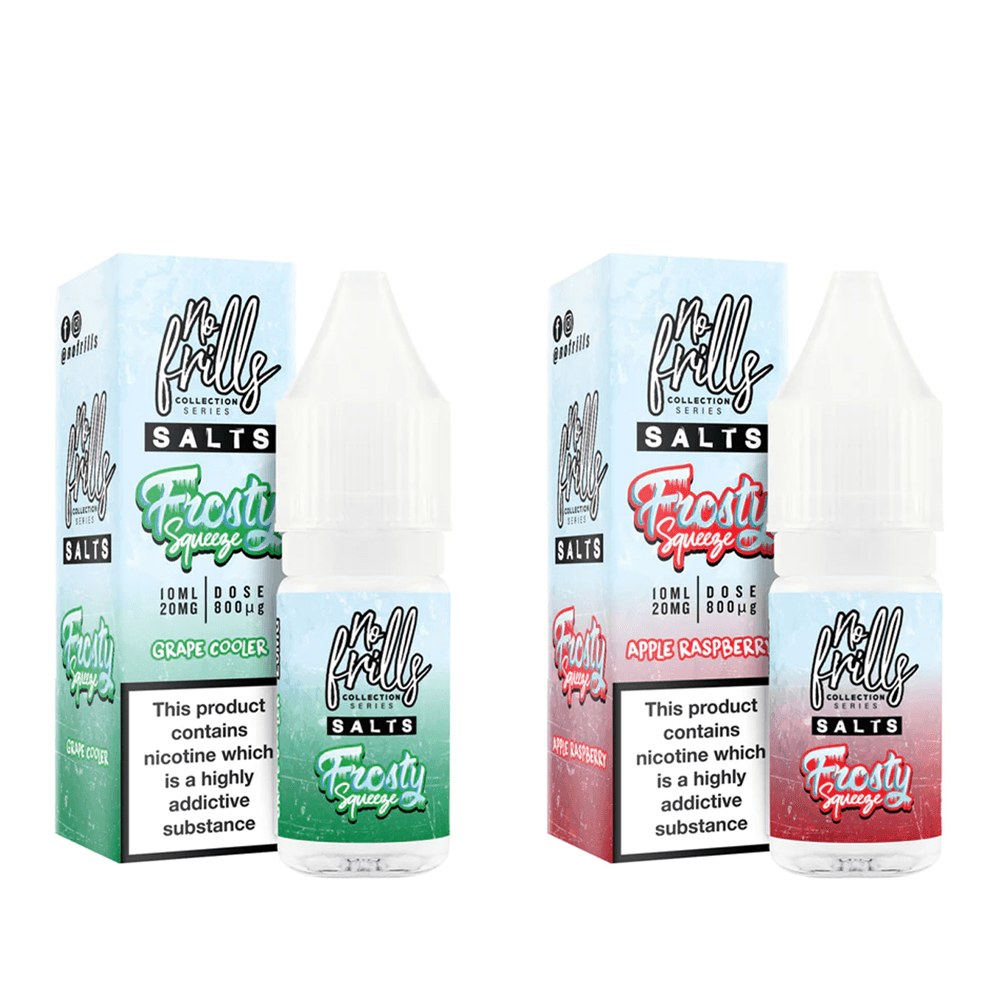 Two No Frills Frosty Squeeze vape juice bottles: Grape Cooler and Apple Raspberry.