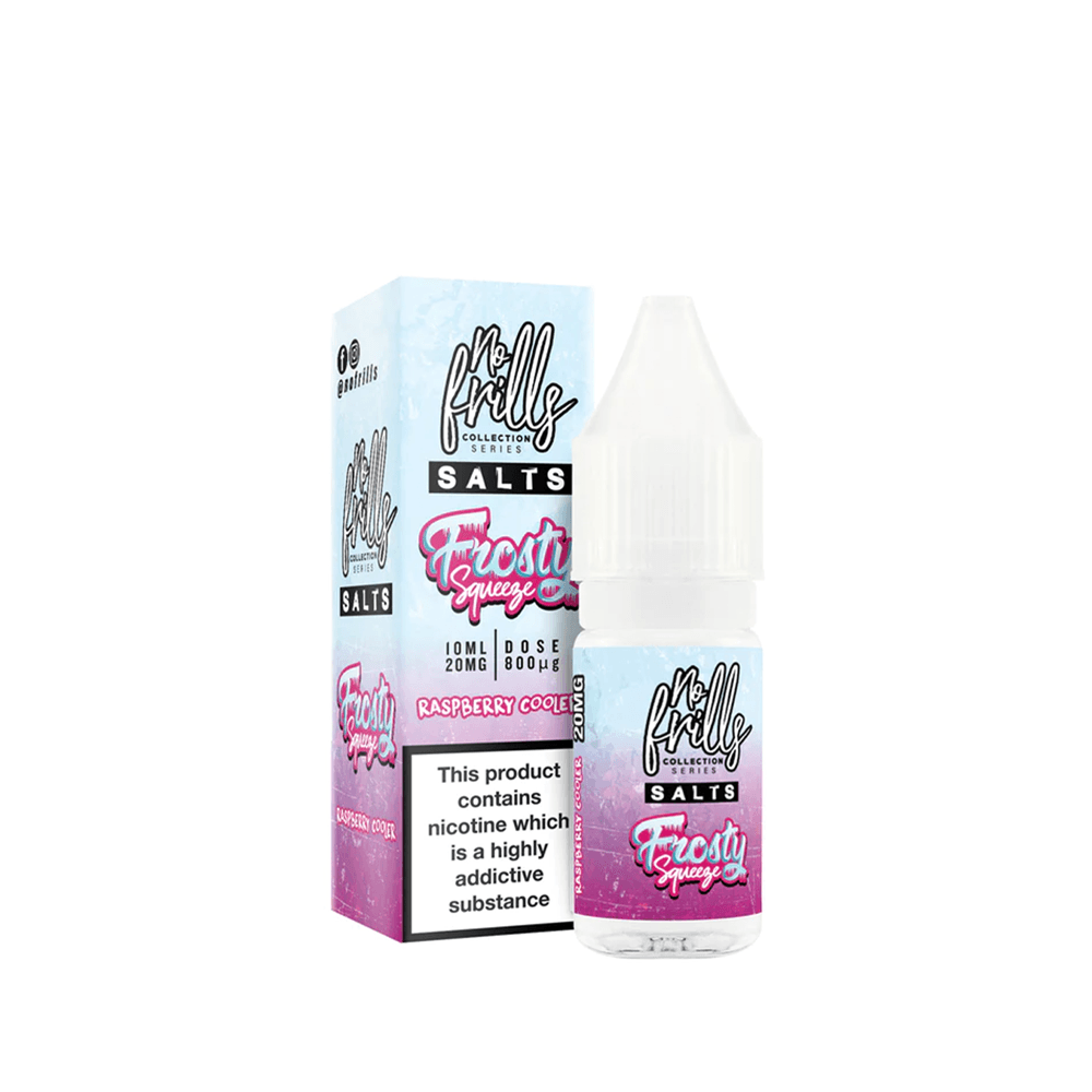 No Frills Frosty Squeeze Raspberry Coolade 10ml vape juice bottle and packaging.