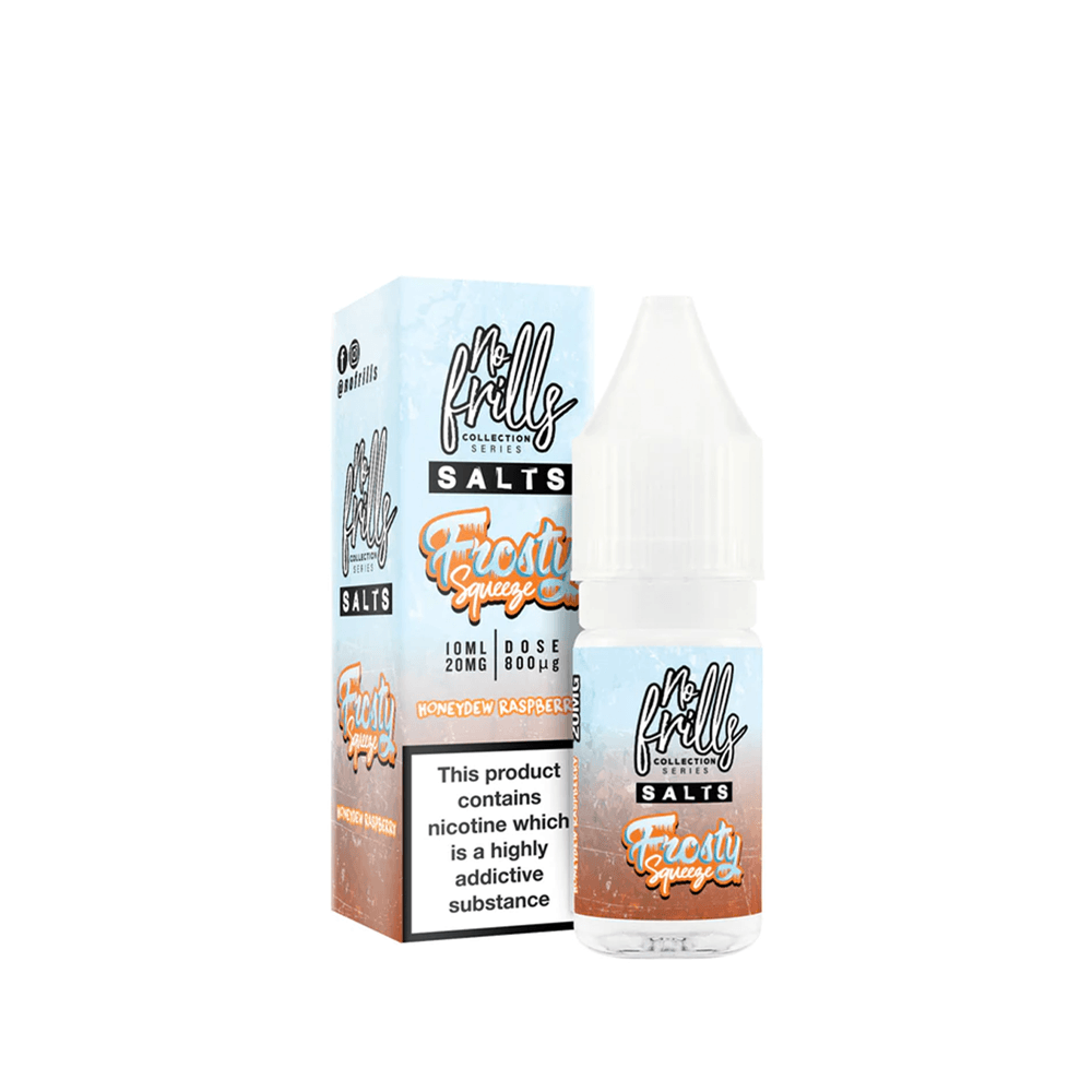 No Frills Frosty Squeeze 10ml Salts e-liquid bottle and box with a raspberry design.