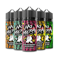 Five No Mercy vape juice bottles: Mandarin Dream, Spearmint, Strawberry Banana, Pineapple Papaya Mango, Lemon Lime.